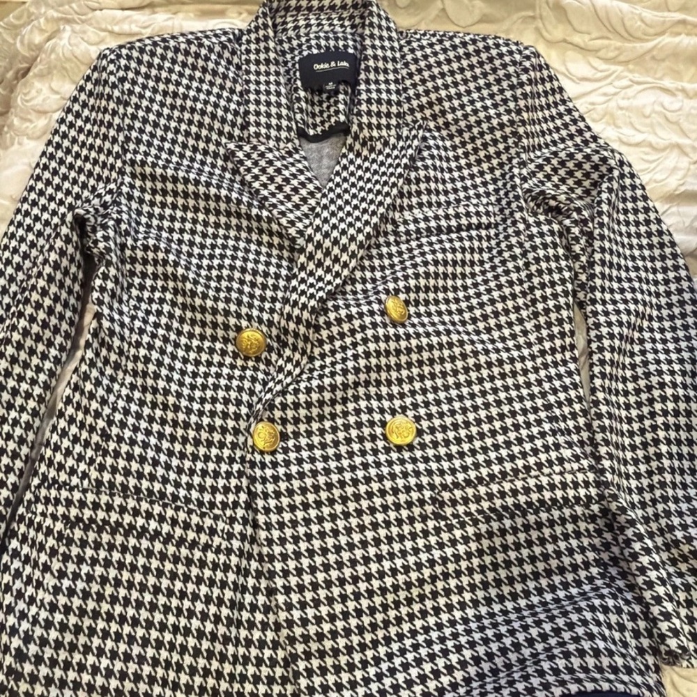 Black and White Houndstooth Blazer with Gold Buttons Knit Medium Double Breasted
